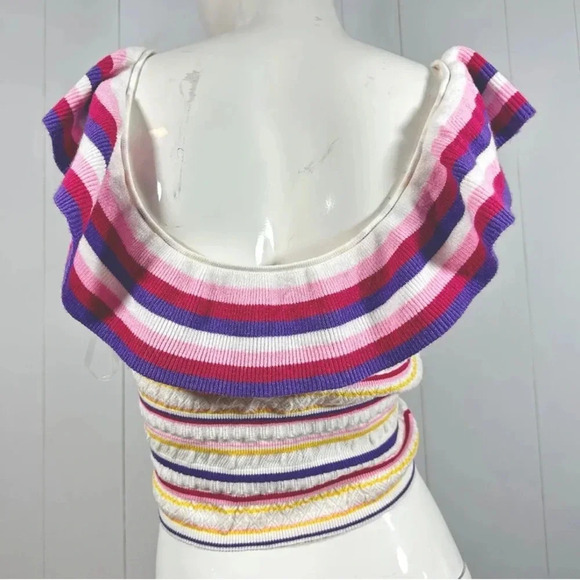 NWT Emily Wonder Sz S Women Multicolor Striped Cropped Top Shirt Open Shoulder - Picture 4 of 7